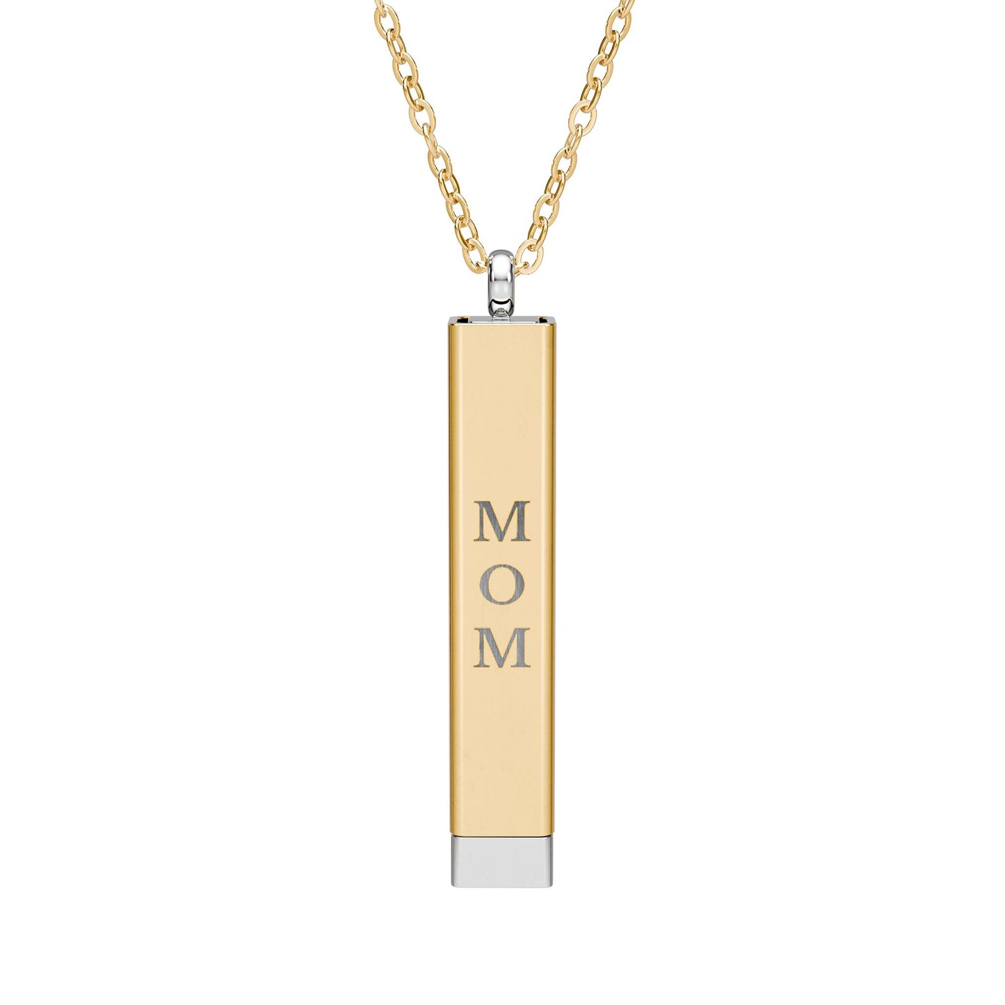 Gold necklace with 'MOM' pendant on a white background
