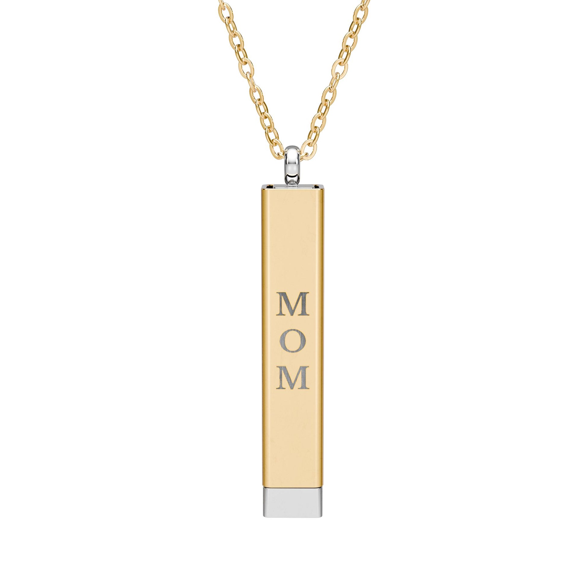Gold necklace with 'MOM' pendant on a white background