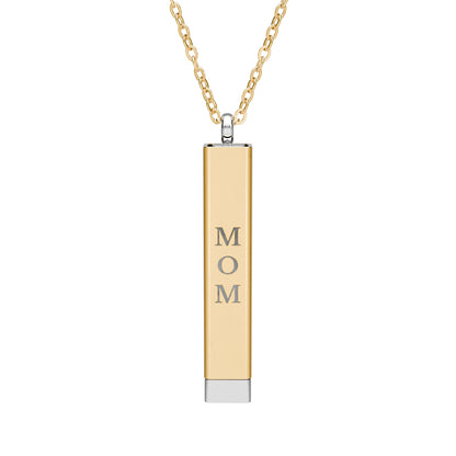 Gold necklace with 'MOM' pendant on a white background