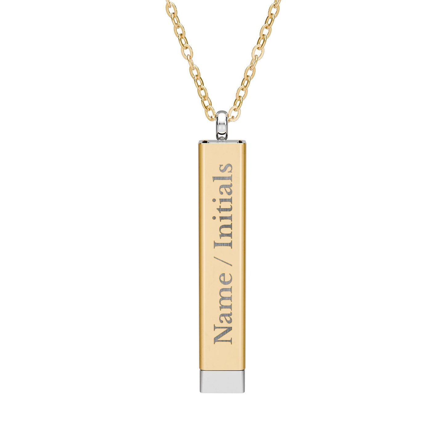 Gold necklace with a cylindrical pendant on a white background