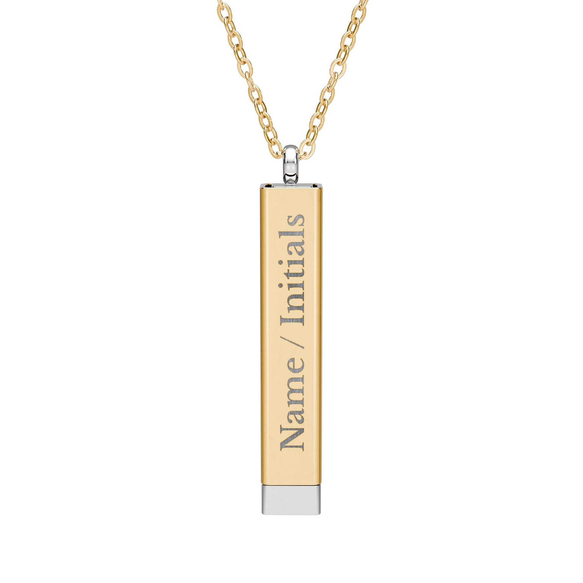 Gold necklace with a cylindrical pendant on a white background