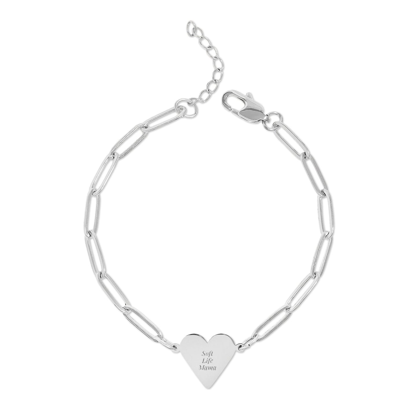 Silver bracelet with a heart-shaped tag on a white background