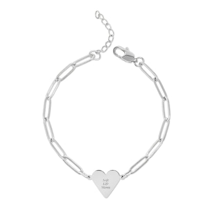 Silver bracelet with a heart-shaped tag on a white background