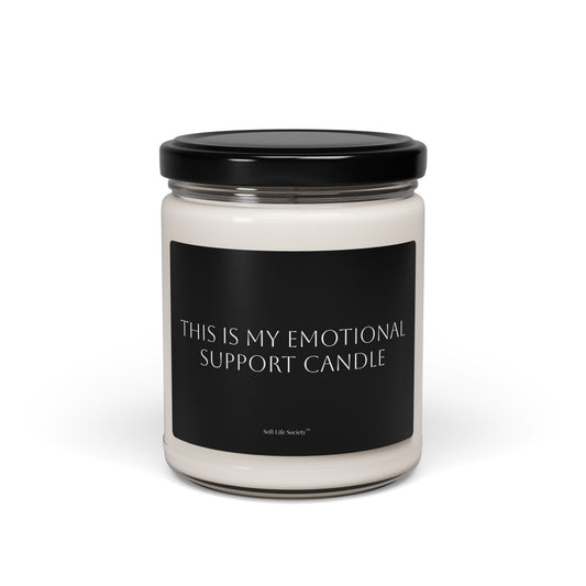 Candle jar with a black label with text 'This is My Emotional Support Candle' on a white background