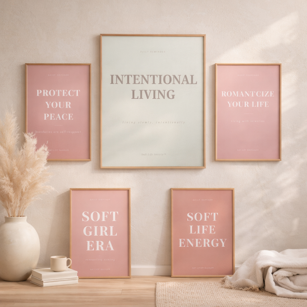 Wall with framed posters featuring motivational phrases in a home setting.