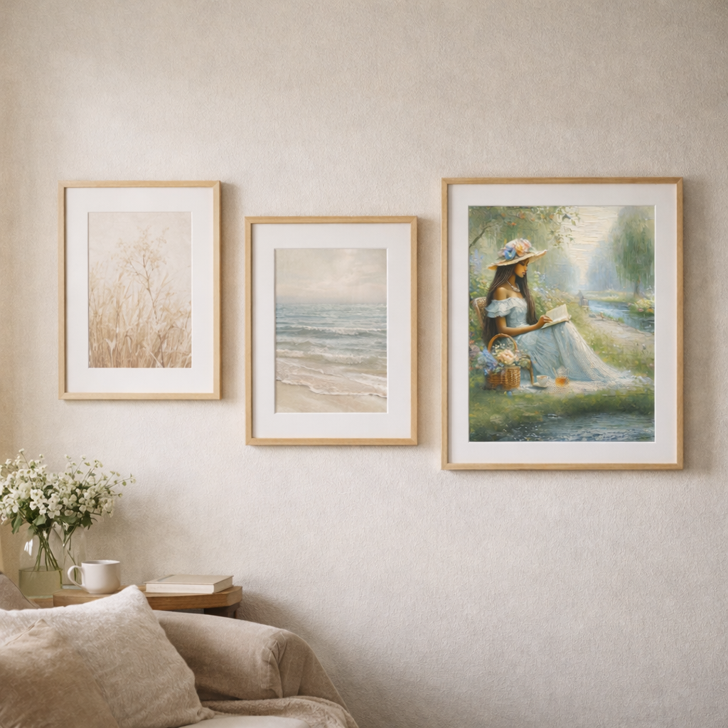 Framed vintage-style soft life wall art featuring a woman reading by a riverside, displayed in a neutral gallery wall with light wood frames and calm minimalist decor.