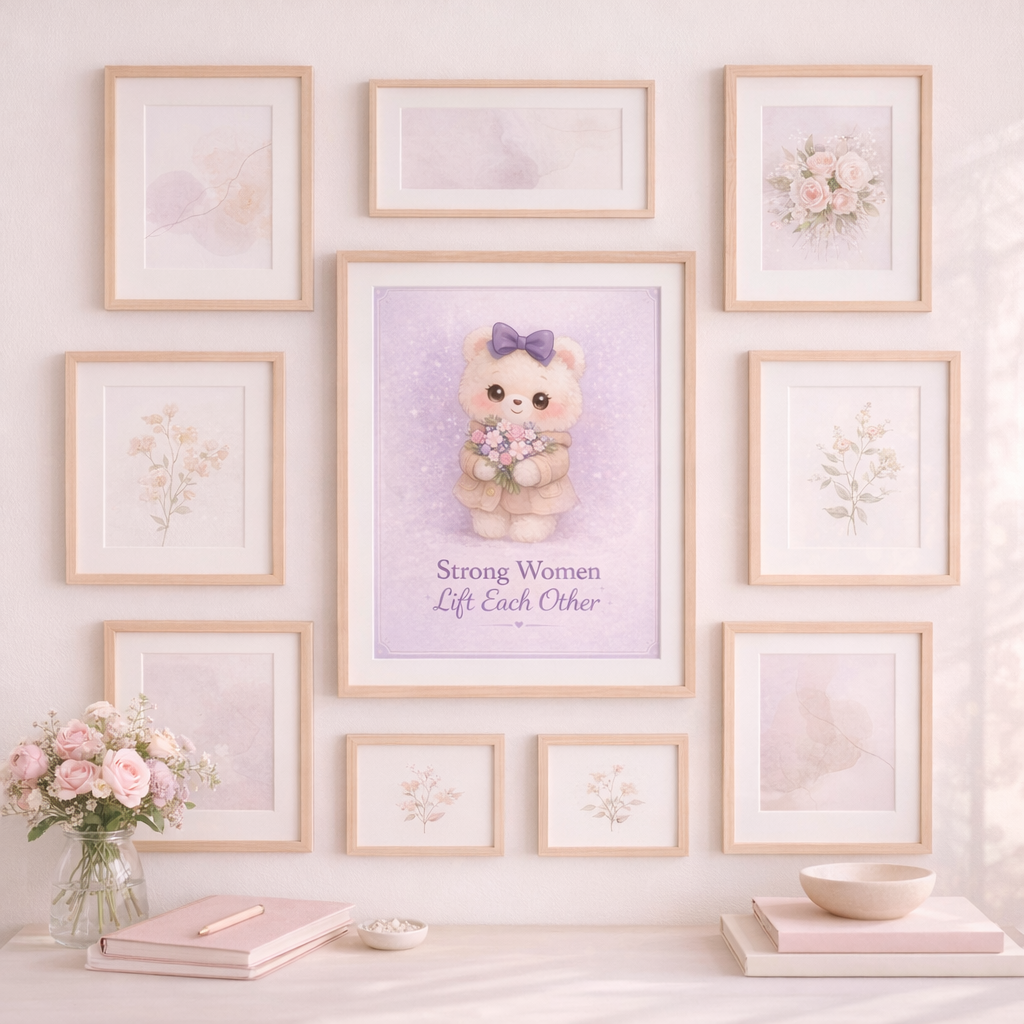 Wall with framed artwork and decorative items, featuring a central framed picture with text and a bear illustration.
