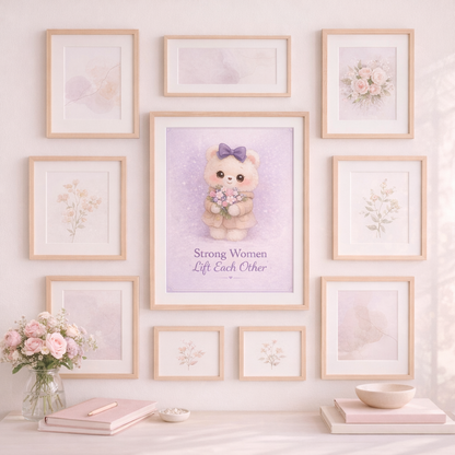 Wall with framed artwork and decorative items, featuring a central framed picture with text and a bear illustration.