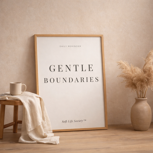 Framed print with 'Gentle Boundaries' text in a home setting with a mug and vase.