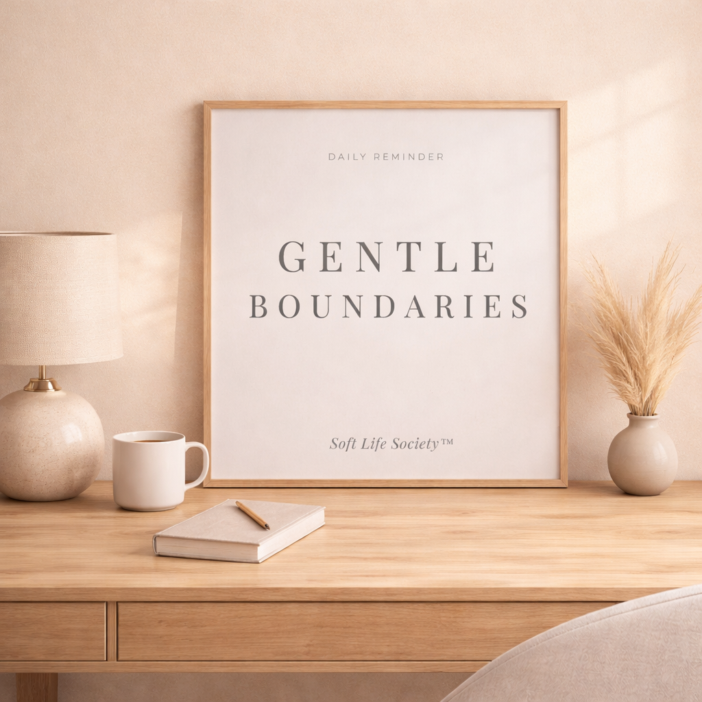 Framed print titled 'Gentle Boundaries' on a wooden desk with a lamp, mug, and notebook.