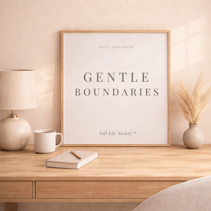 Framed print titled 'Gentle Boundaries' on a wooden desk with a lamp, mug, and notebook.