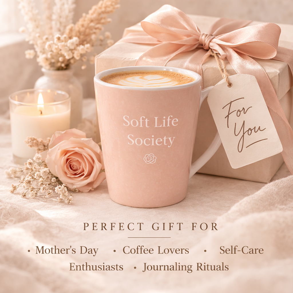 Pink mug with 'Soft Life Society' branding, gift box, candle, and flowers on a soft background.