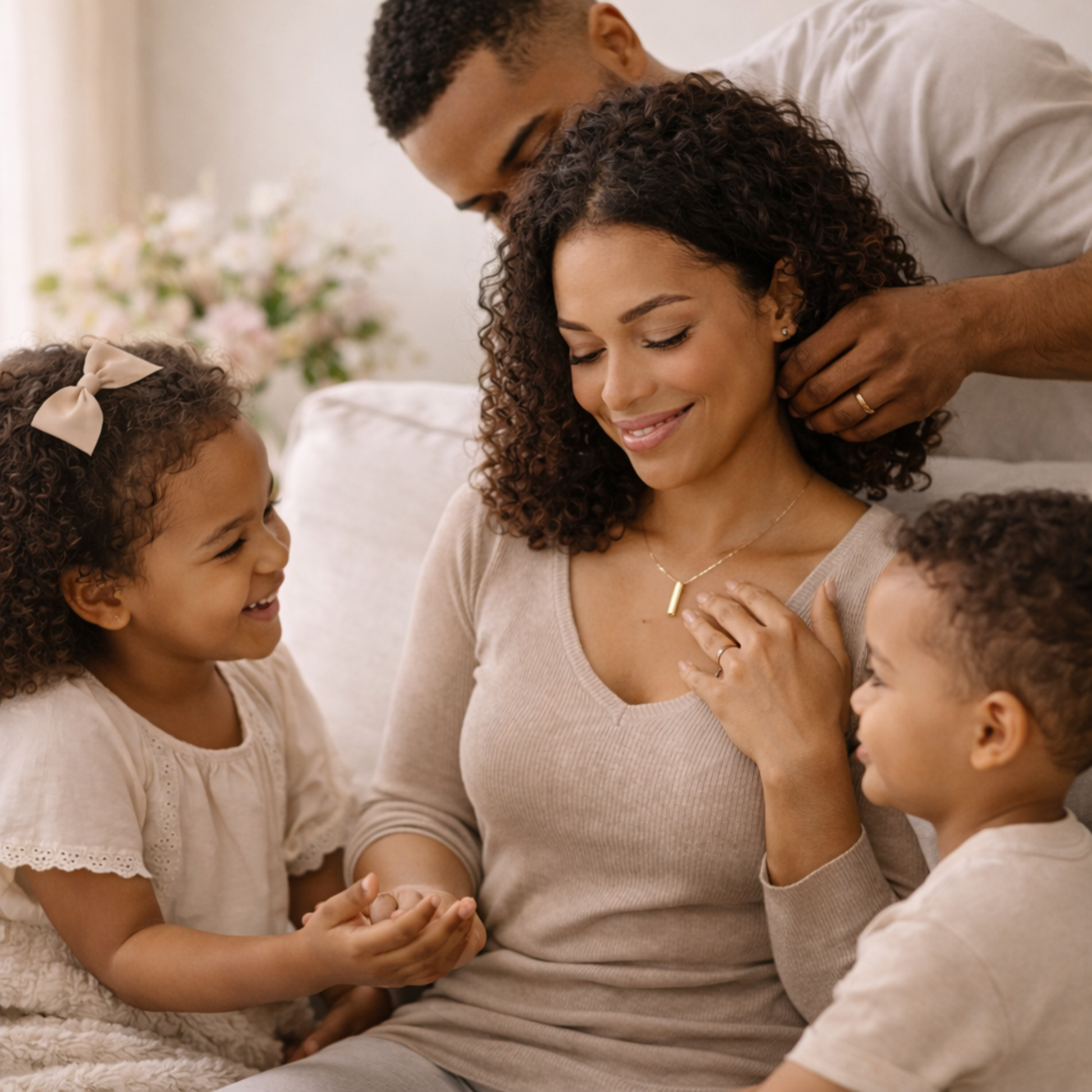 Father fastening a gold bar necklace on mom while young children watch, a heartfelt Mother’s Day gift moment
