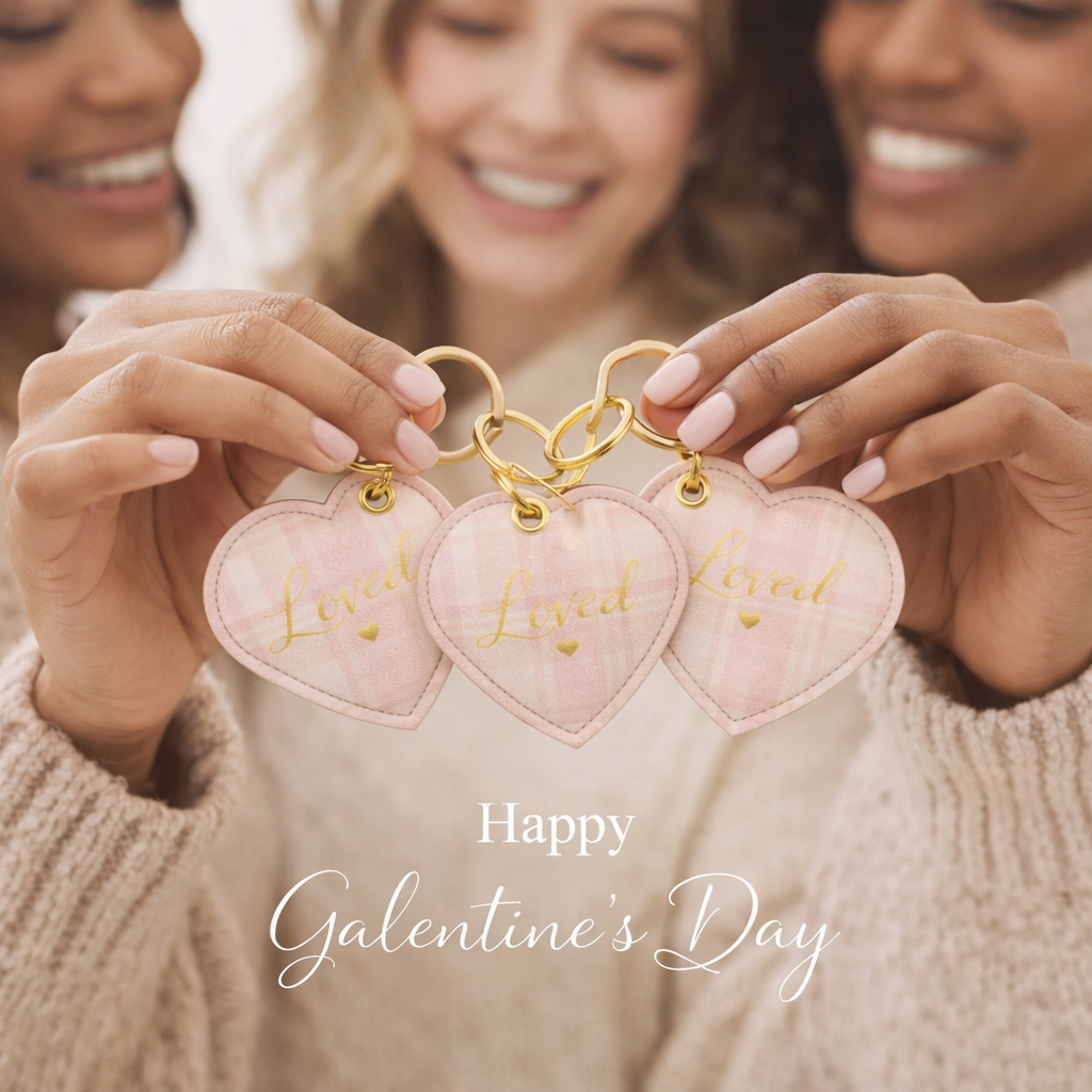 Three women holding pink heart-shaped keychains with 'Loved' text, with 'Happy Galentine's Day' text overlay.