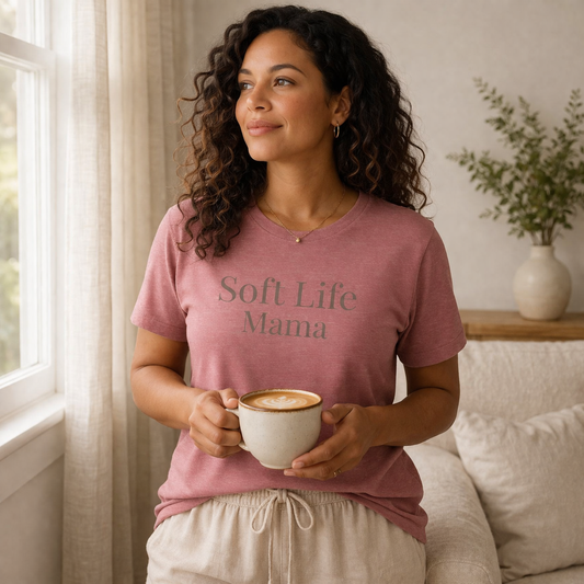 Soft Life Mama t-shirt on woman holding coffee mug in cozy neutral home setting