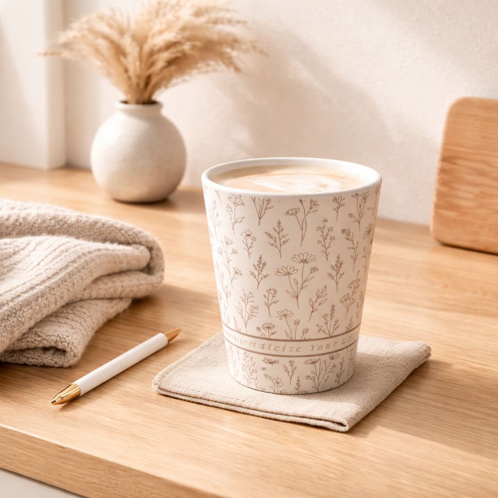 Soft life latte mug styled on wooden desk with knit throw and pampas grass vase warm calm luxury aesthetic.