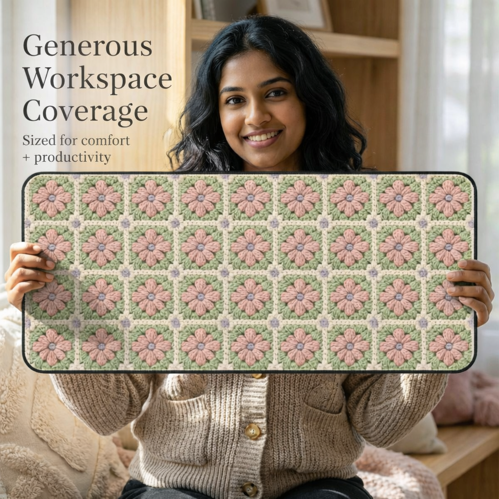 Woman holding a large floral patterned rug with text about workspace coverage.