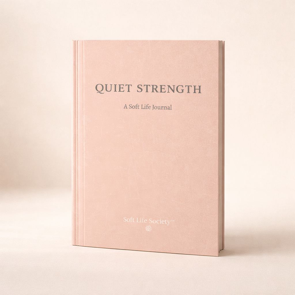 Blush peach journal titled 'Quiet Strength' on a light beige background