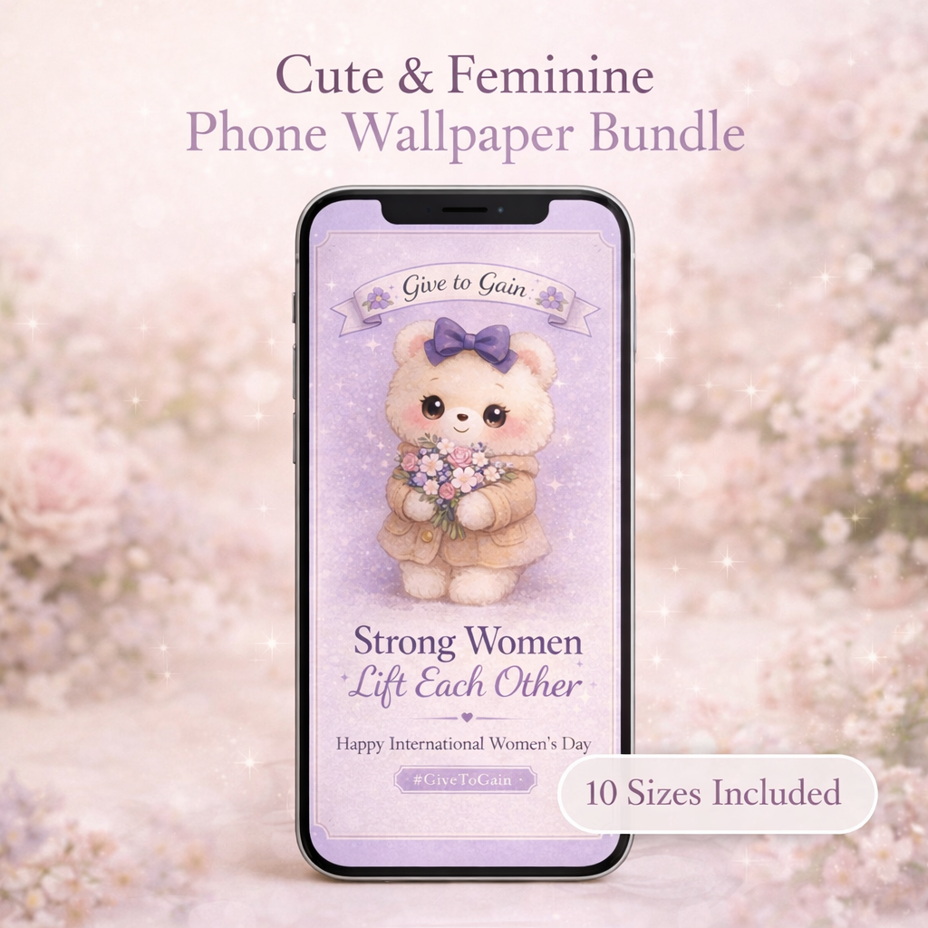 Soft feminine phone wallpaper mockup featuring a cute teddy bear holding flowers with the quote “Strong Women Lift Each Other” on a lavender background, International Women’s Day aesthetic.