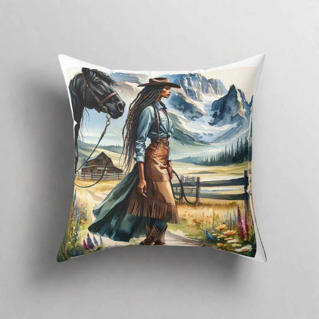 Elegant Western decorative pillow on a beige couch, highlighting the intricate design and rural vibe.