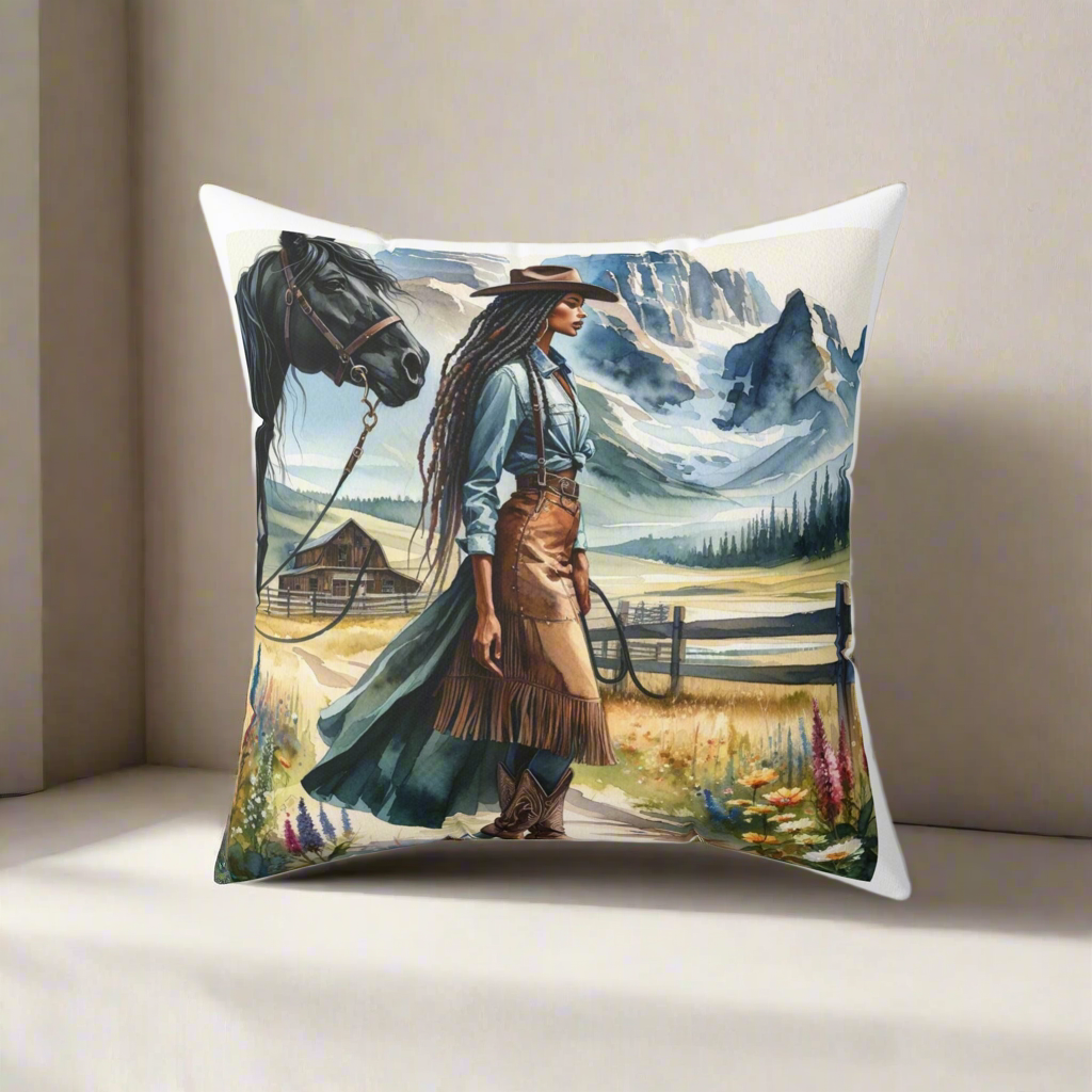 Elegant Western decorative pillow on a beige couch, highlighting the intricate design and rural vibe.