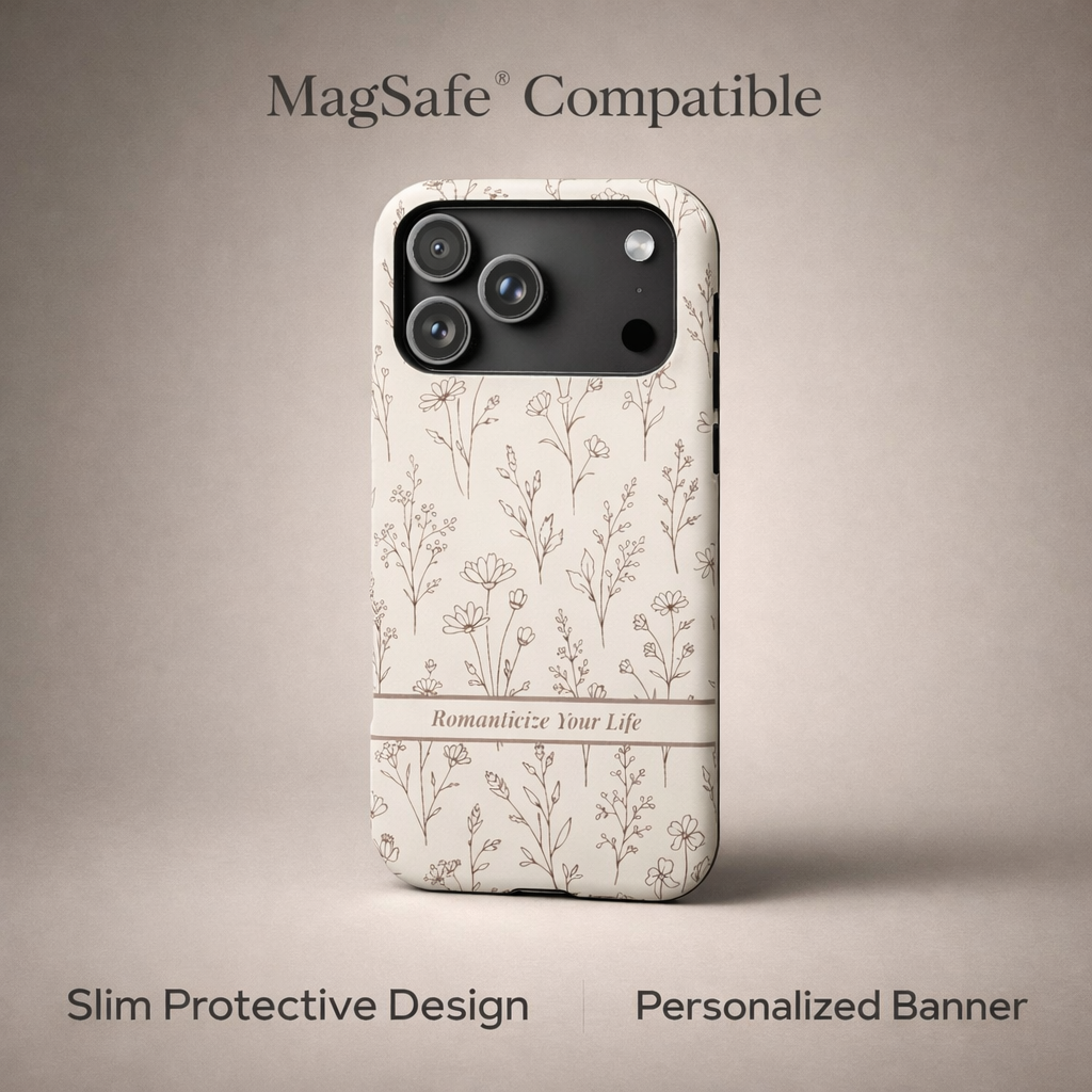 Phone case with floral design and 'MagSafe Compatible' text on a beige background