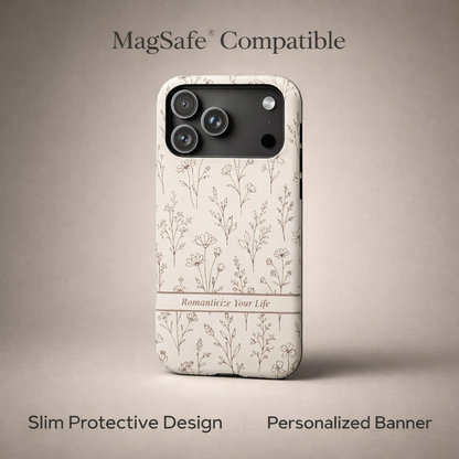 Phone case with floral design and 'MagSafe Compatible' text on a beige background
