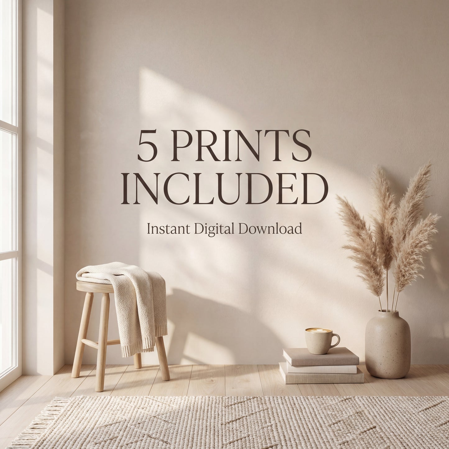 Nestled corner of a room with a stool, books, mug, and vase against a light wall with text overlay.