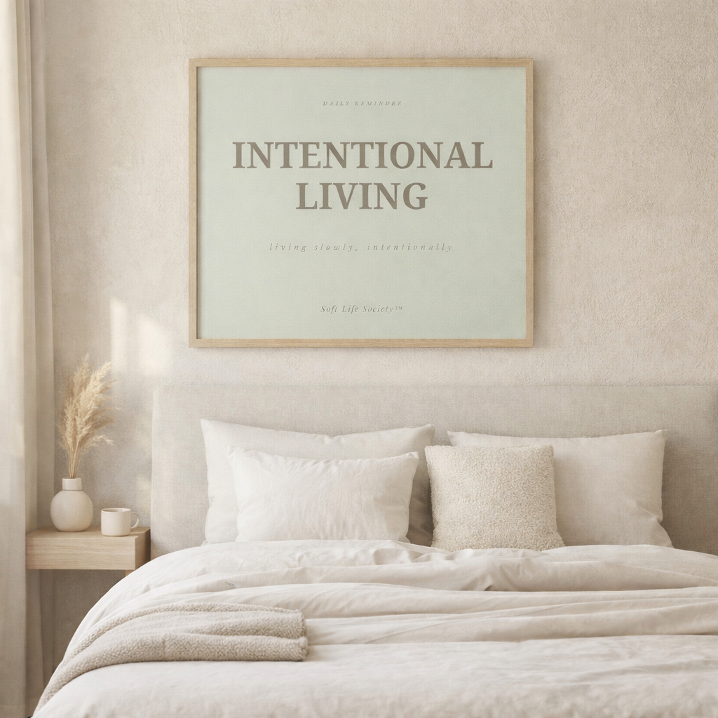 Poster with 'Intentional Living' text in a bedroom setting