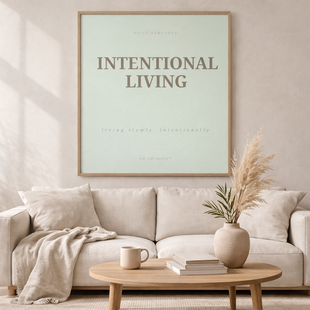 Living room with a beige sofa, wooden coffee table, and 'Intentional Living' framed poster on the wall.