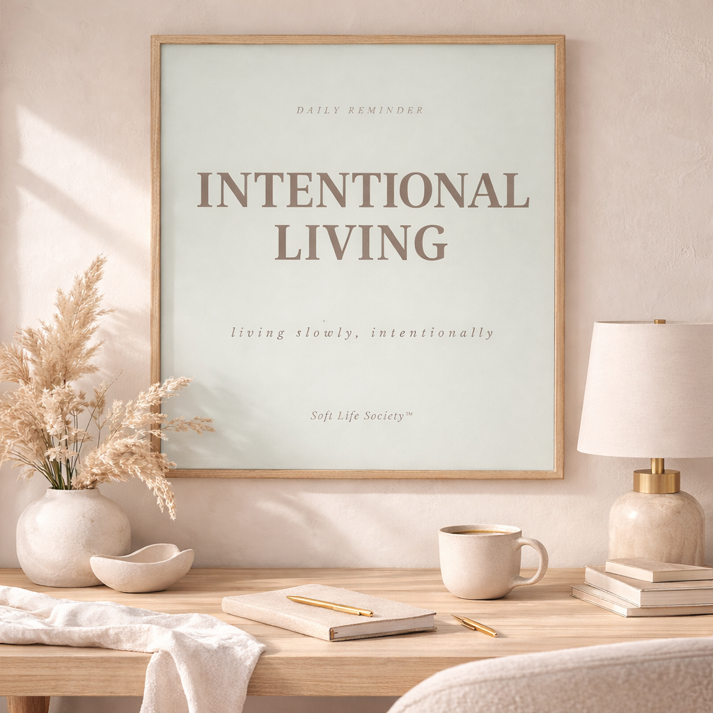 Framed artwork with 'Intentional Living' on a desk with decor items.