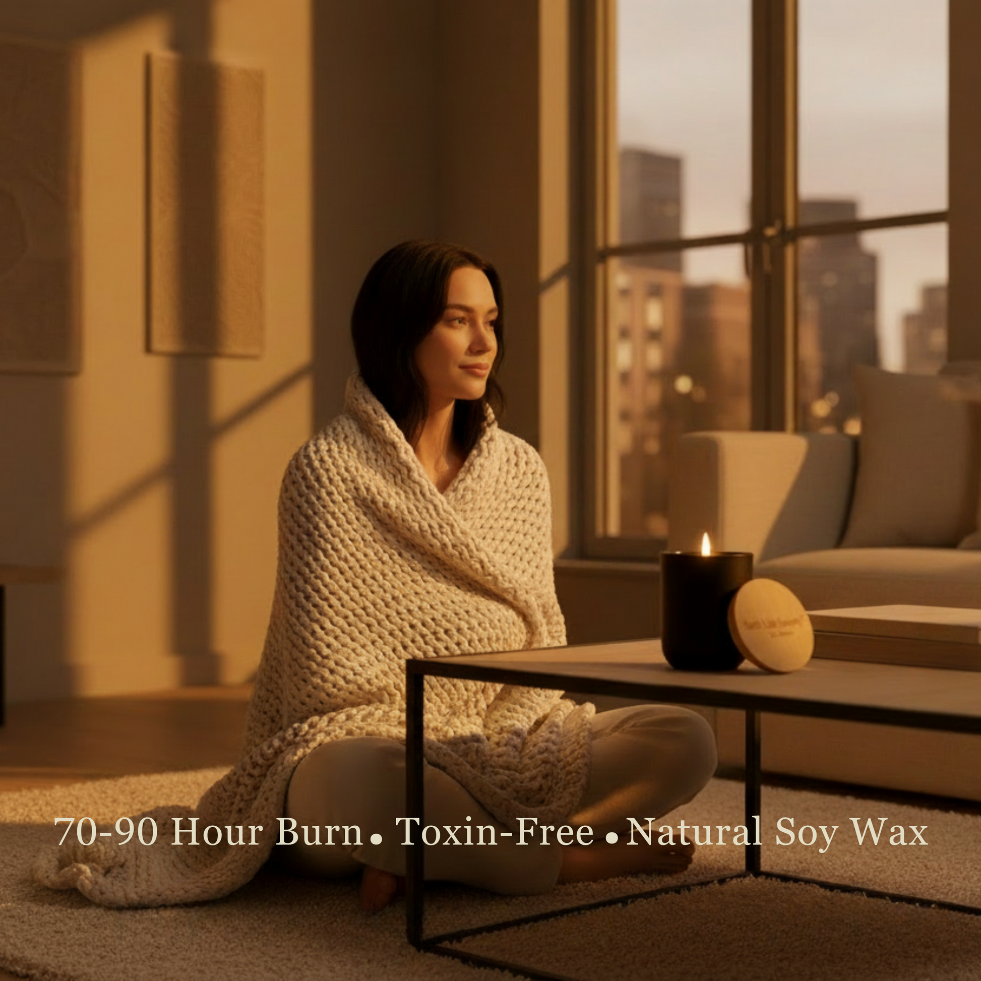 Woman wrapped in a blanket sitting by a window with a "Soft Life Society" candle, in a cozy room.