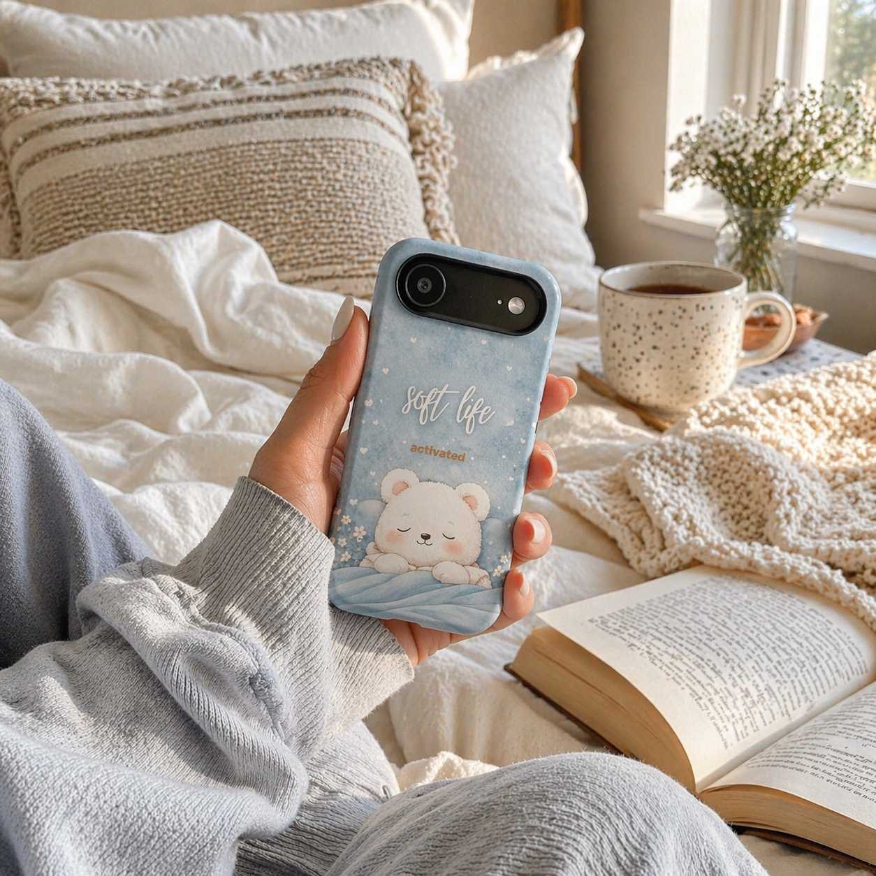 Woman holding cute bear aesthetic phone case in cozy bed setting with book and coffee, soft life lifestyle