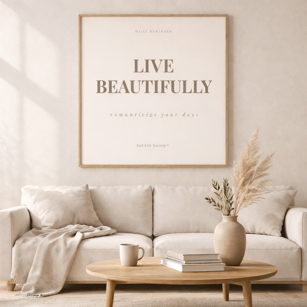 Living room with a beige sofa, wooden coffee table, and framed poster with 'Live Beautifully' text.