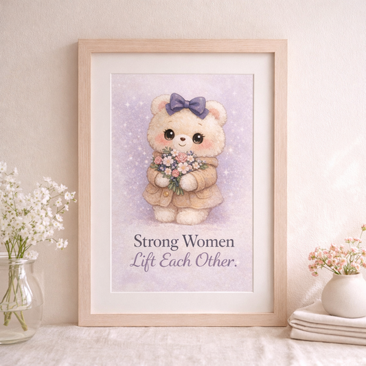 Framed artwork with a teddy bear holding flowers and the quote 'Strong Women Lift Each Other' on a light purple background.