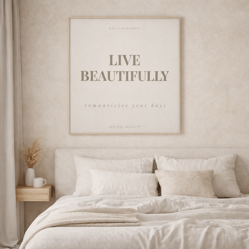 Beige bedroom with 'Live Beautifully' framed print on the wall