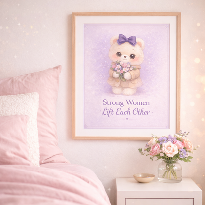 Framed artwork with a bear holding flowers and text 'Strong Women Lift Each Other' in a bedroom setting.