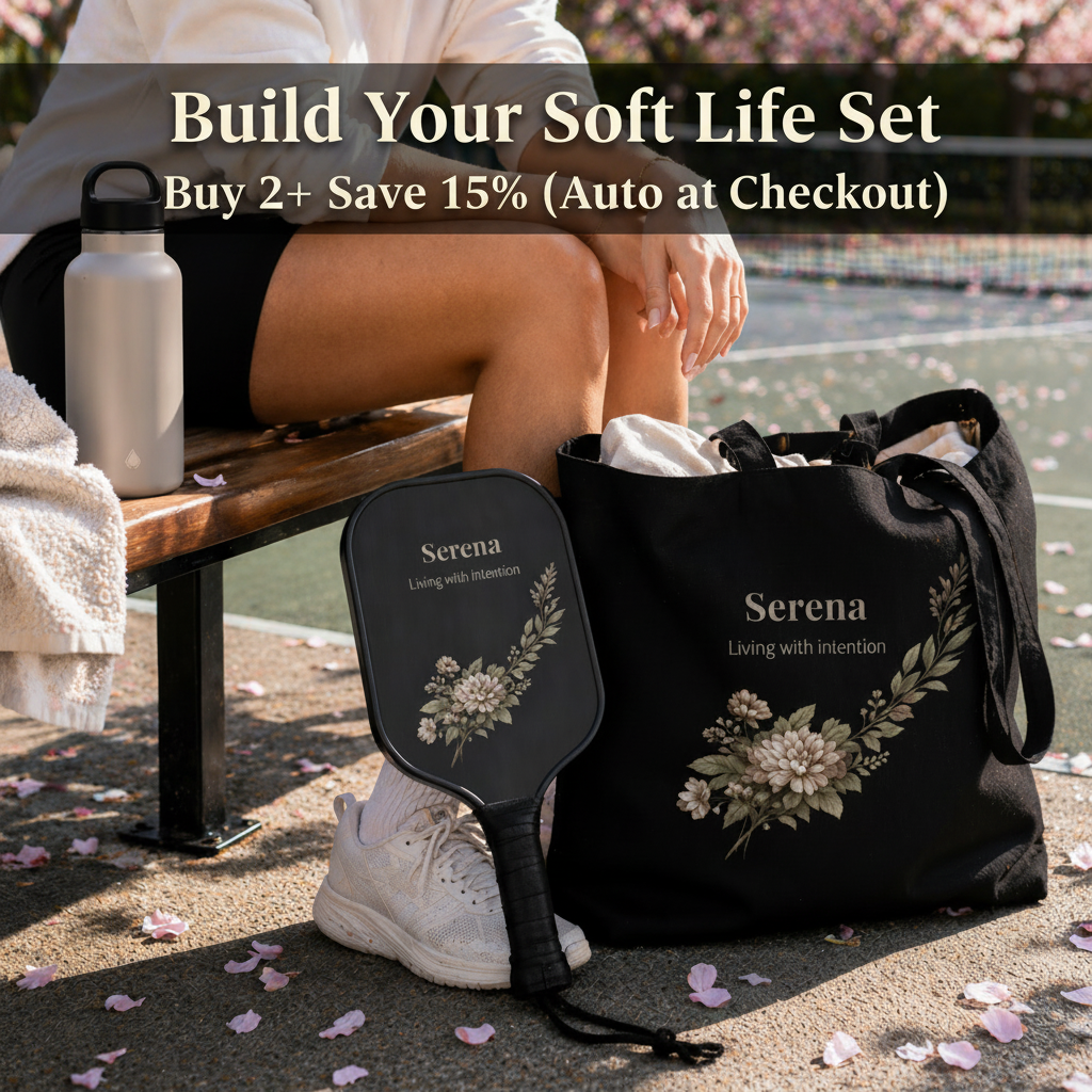 Black floral tote bag with matching pickleball paddle and water bottle on court, soft life set lifestyle scene