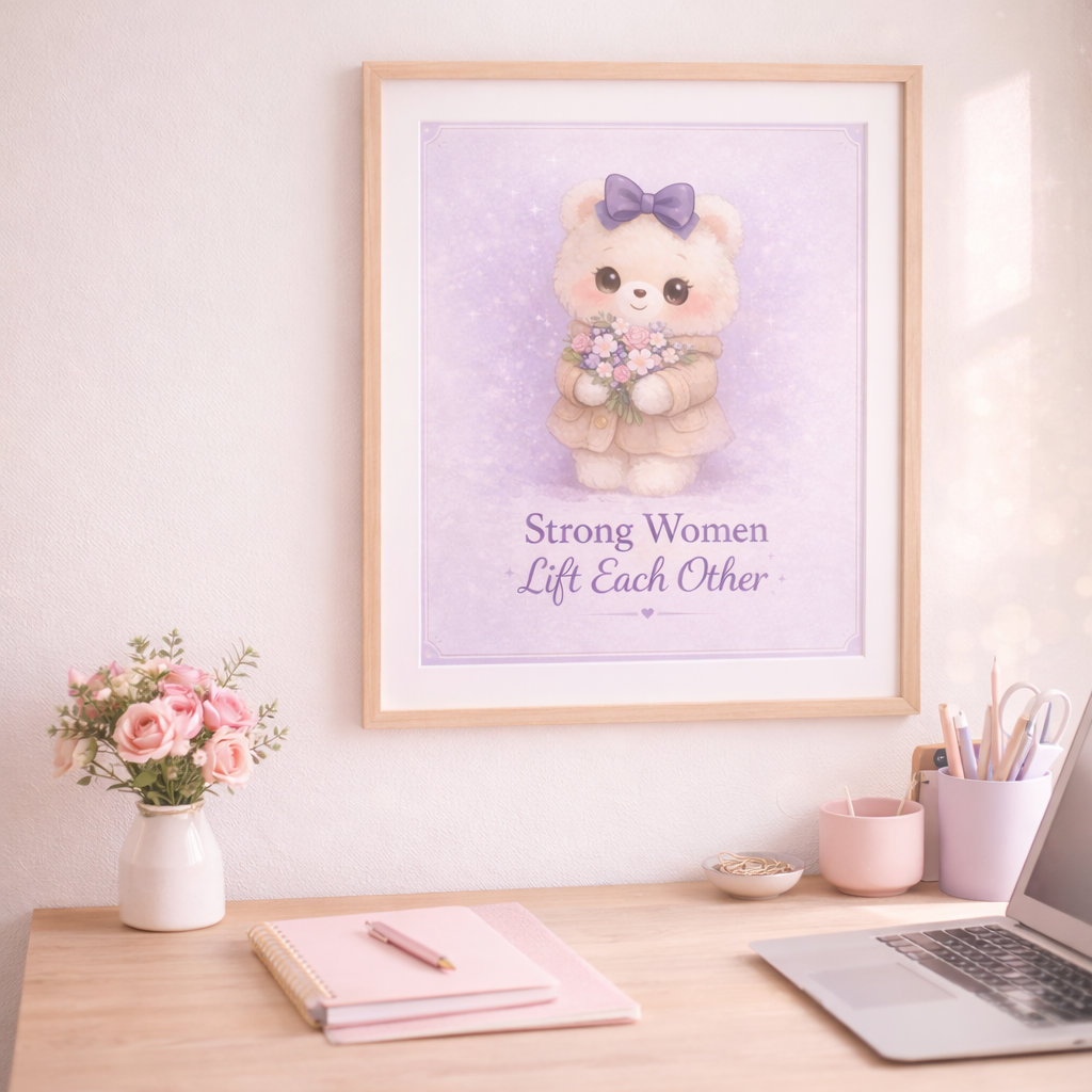 Framed artwork with a cartoon character and motivational quote on a desk with stationery items.