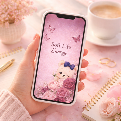 Hand holding a phone with a 'Soft Life Energy' wallpaper featuring a teddy bear and flowers, on a pink surface with a cup of coffee.