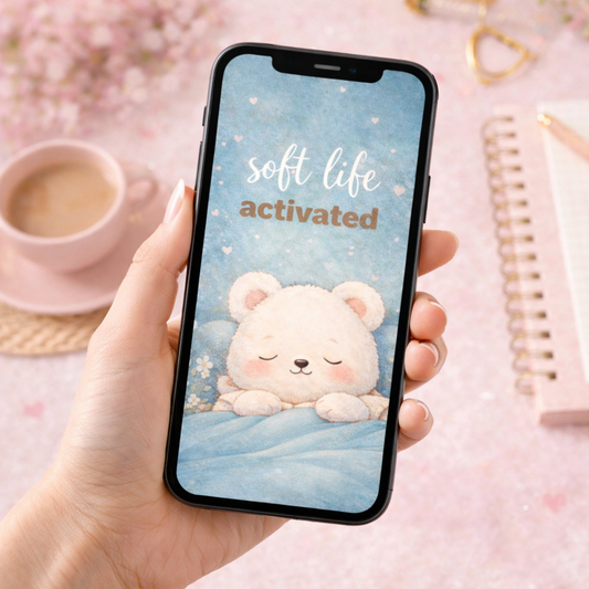 Hand holding a phone with a 'soft life activated' wallpaper featuring a bear on a pink background.