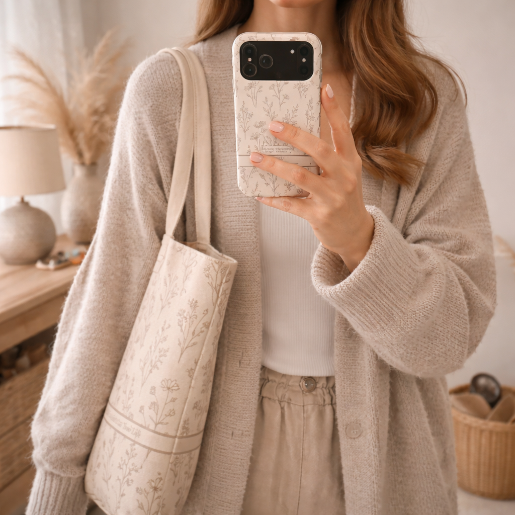 Person holding a floral botanical phone with a matching case in a cozy indoor setting