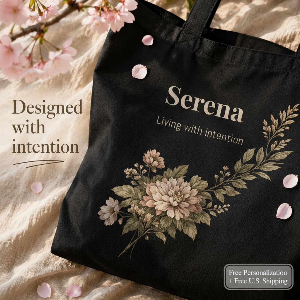Close up of black floral tote bag with Serena name and botanical design soft neutral luxury aesthetic