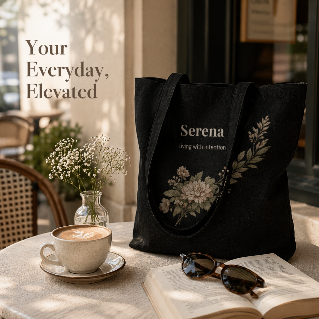 Black floral canvas tote bag personalized with name Serena on café table with coffee and sunglasses soft neutral aesthetic