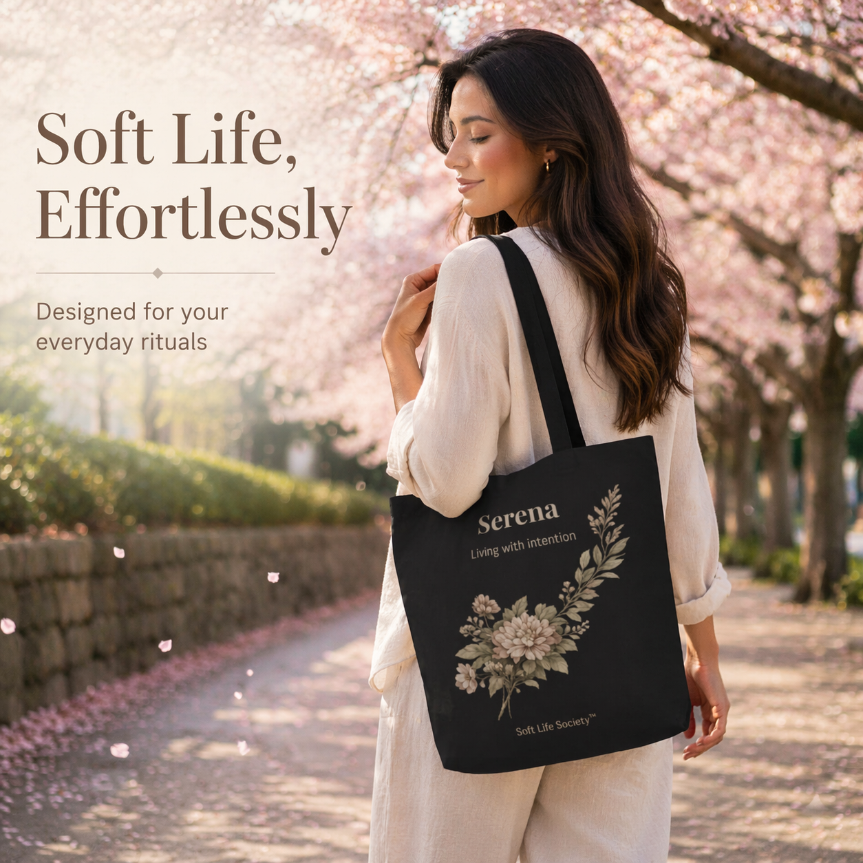 Woman carrying personalized black floral tote bag Serena walking outdoors soft life aesthetic everyday canvas bag