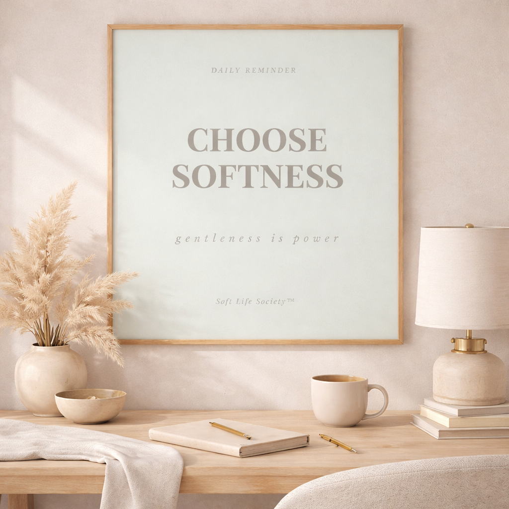 Framed artwork with 'Choose Softness' quote on a wall above a desk with decor items.