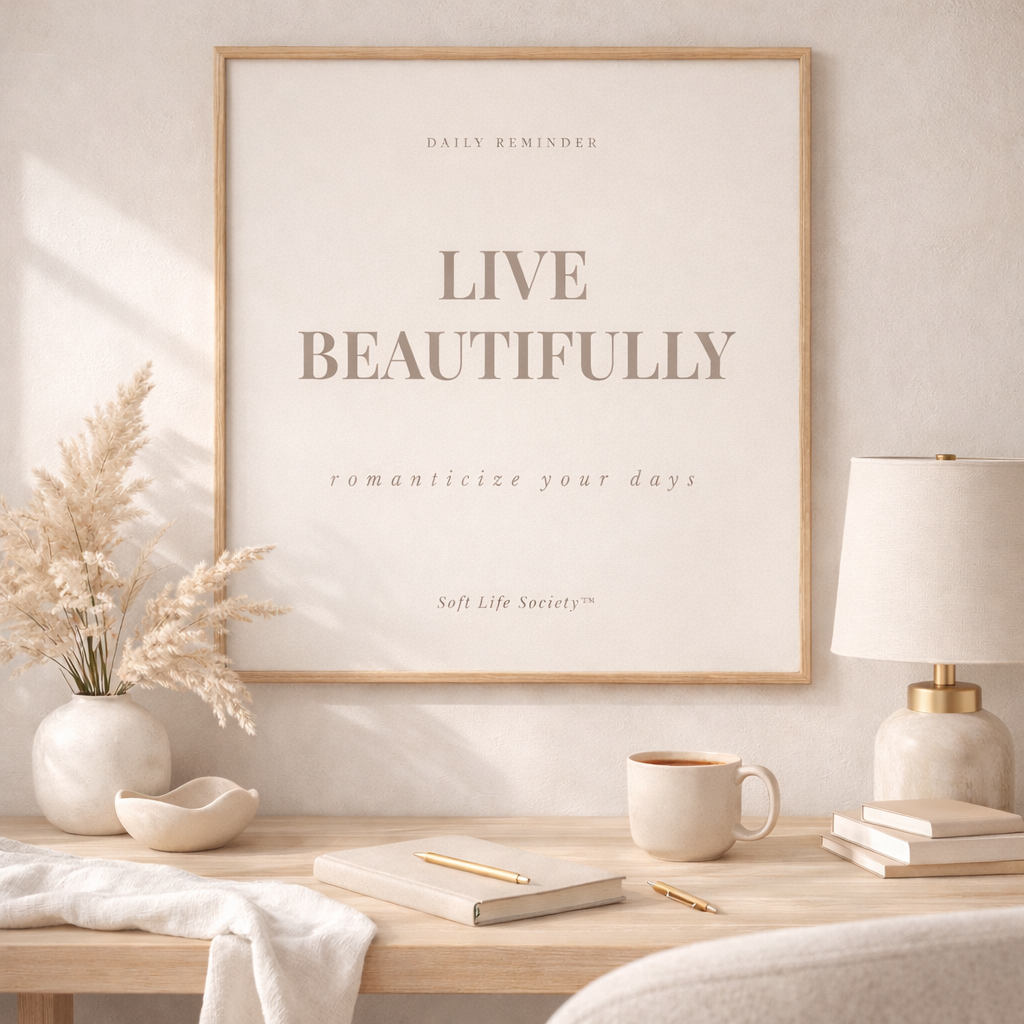 Framed artwork with 'Live Beautifully' quote on a wall above a desk with decor items.
