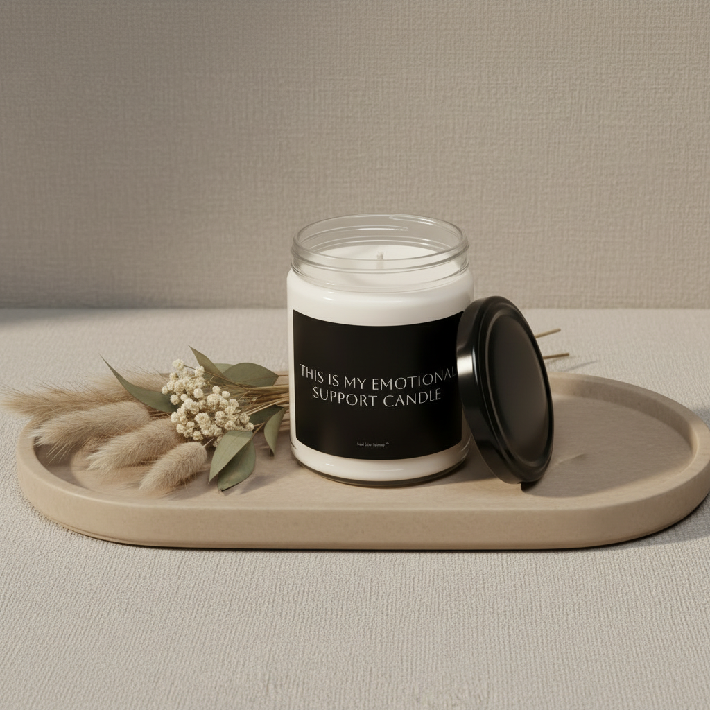 Candle labeled 'This is my emotional support candle' on a wooden tray with decorative elements.