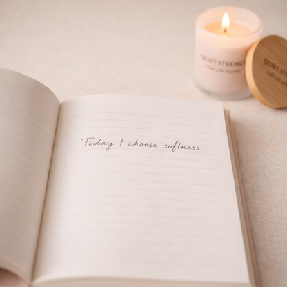 Open lined journal book with a quote next to a lit candle on a soft surface
