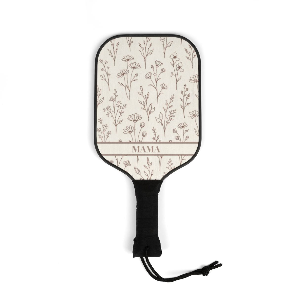 Pickleball paddle with floral pattern and 'MAMA' text on a white background